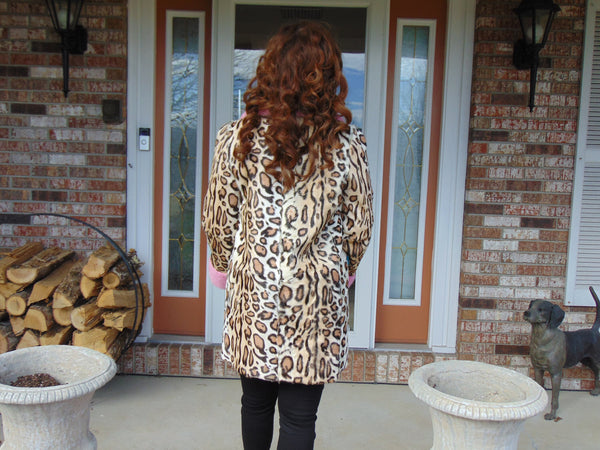Vintage Animal Print Lamb Fur Coat: Mink Trim, Size Small