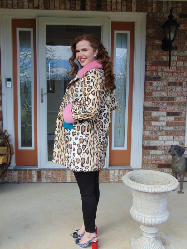 Vintage Animal Print Lamb Fur Coat: Mink Trim, Size Small