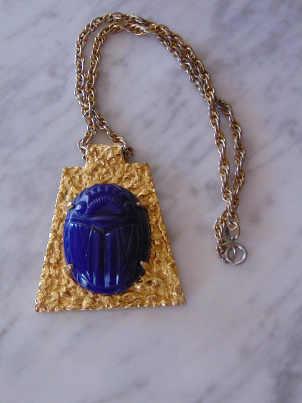 Vintage Kenneth Jay Lane Necklace: Royal Blue Scarab Goldtone Chain