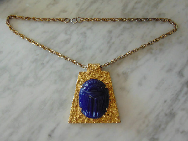 Vintage Kenneth Jay Lane Necklace: Royal Blue Scarab Goldtone Chain