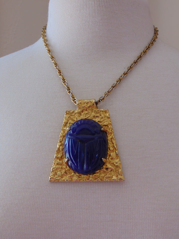 Vintage Kenneth Jay Lane Necklace: Royal Blue Scarab Goldtone Chain