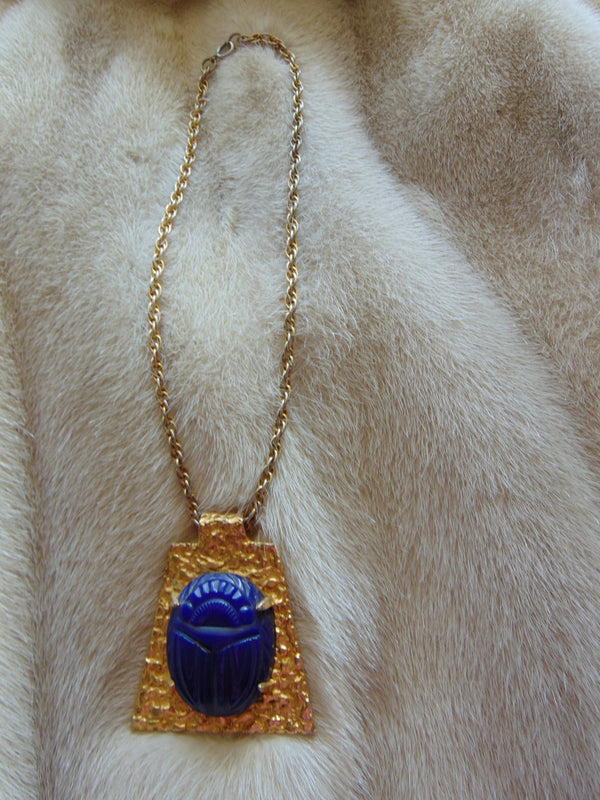 Vintage Kenneth Jay Lane Necklace: Royal Blue Scarab Goldtone Chain