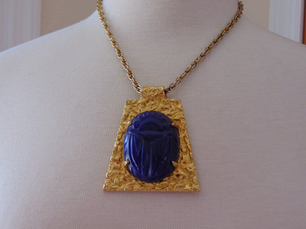 Vintage Kenneth Jay Lane Necklace: Royal Blue Scarab Goldtone Chain