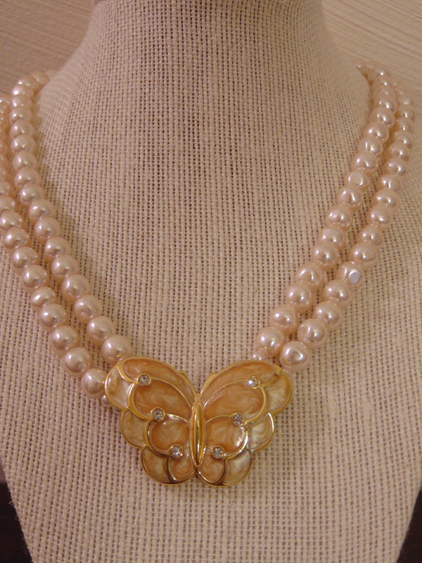 Vintage KJL Butterfly Necklace: Enameled Faux Pearl Crystal Jewelry