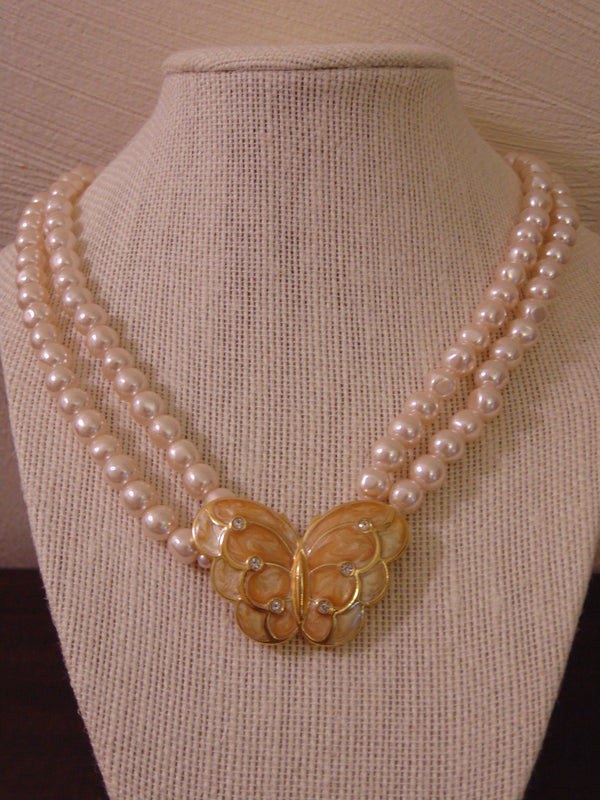 Vintage KJL Butterfly Necklace: Enameled Faux Pearl Crystal Jewelry