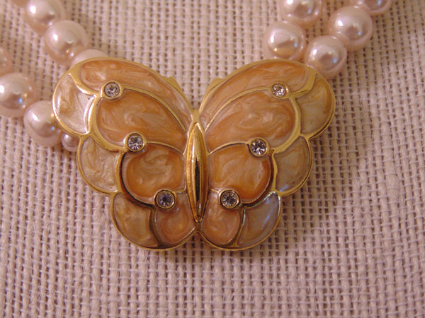 Vintage KJL Butterfly Necklace: Enameled Faux Pearl Crystal Jewelry