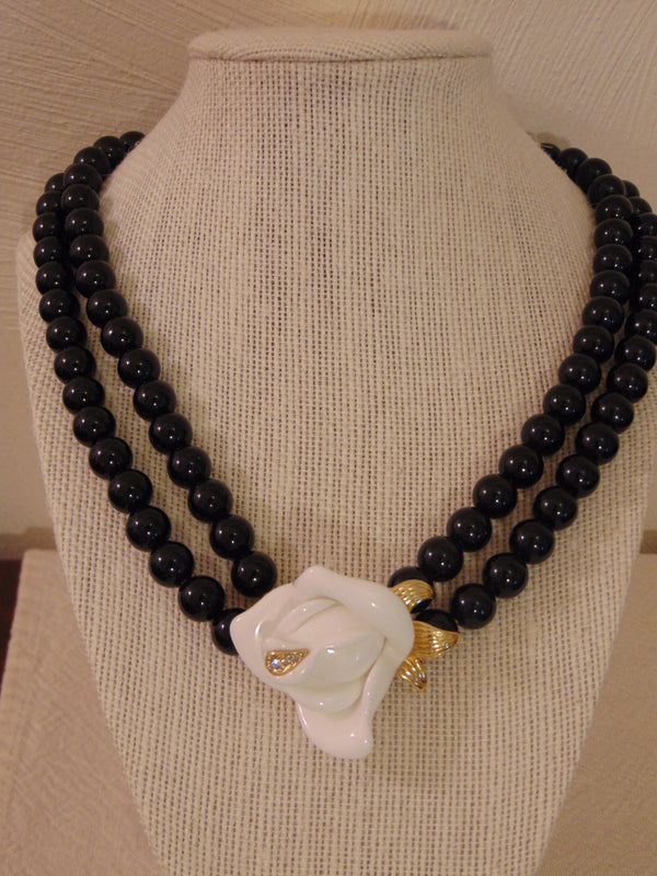 Vintage KJL Black Pearl Necklace: White Crystal Rose, Gold Tone