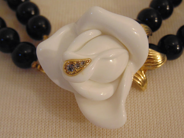 Vintage KJL Black Pearl Necklace: White Crystal Rose, Gold Tone