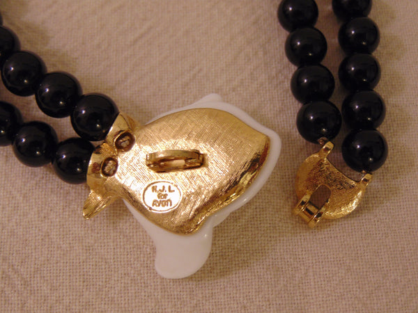Vintage KJL Black Pearl Necklace: White Crystal Rose, Gold Tone
