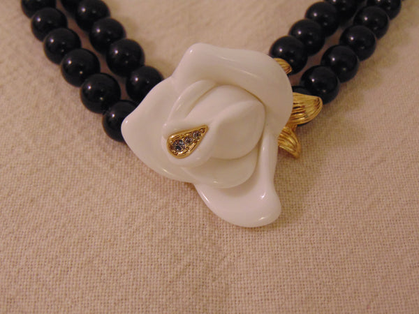 Vintage KJL Black Pearl Necklace: White Crystal Rose, Gold Tone