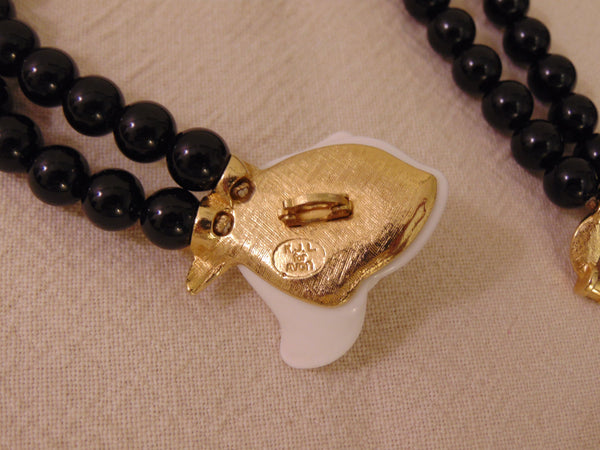 Vintage KJL Black Pearl Necklace: White Crystal Rose, Gold Tone