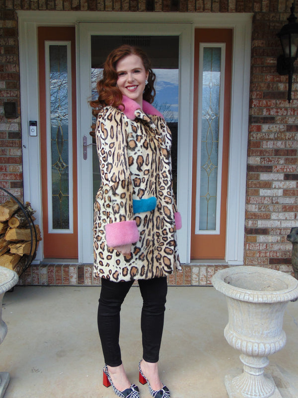 Vintage Animal Print Lamb Fur Coat: Mink Trim, Size Small