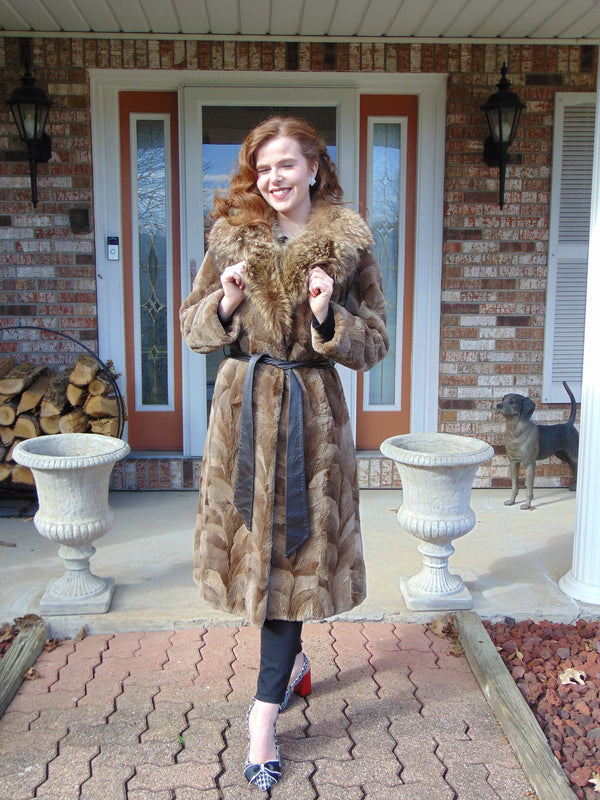 Vintage Sheared Beaver Fur Coat: Natural Raccoon Collar, Full Length