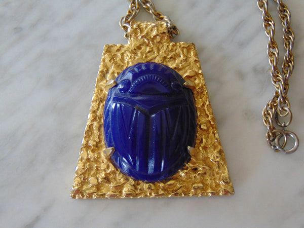 Vintage Kenneth Jay Lane Necklace: Royal Blue Scarab Goldtone Chain
