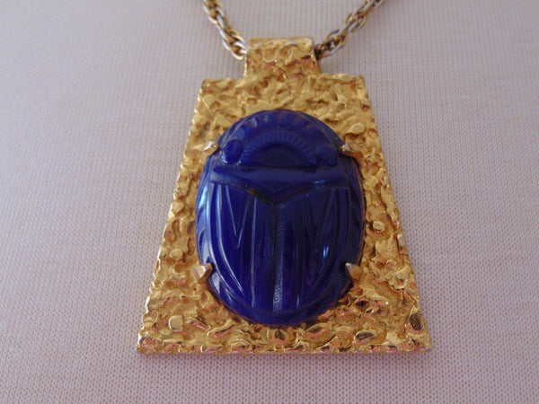 Vintage Kenneth Jay Lane Necklace: Royal Blue Scarab Goldtone Chain