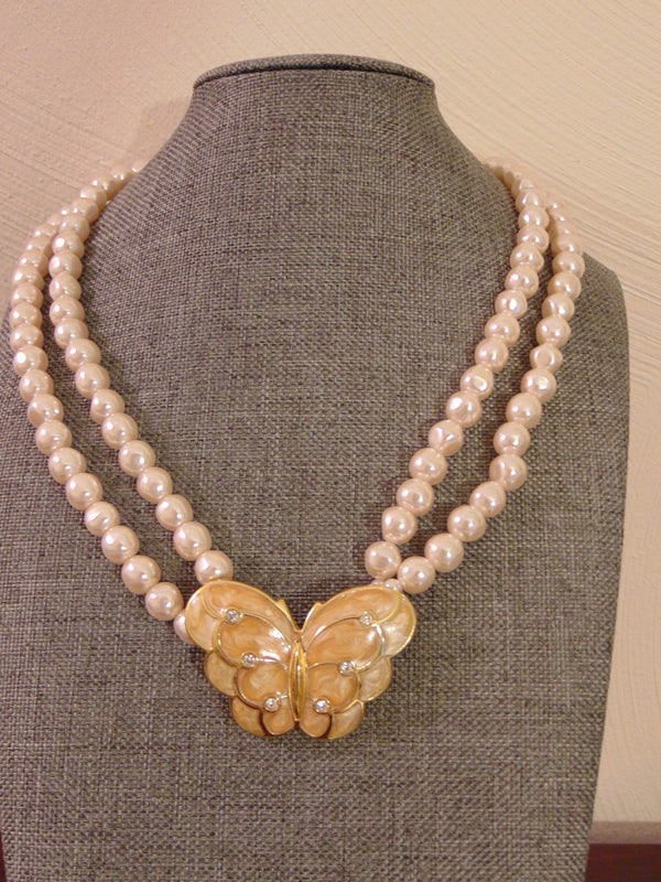 Vintage KJL Butterfly Necklace: Enameled Faux Pearl Crystal Jewelry