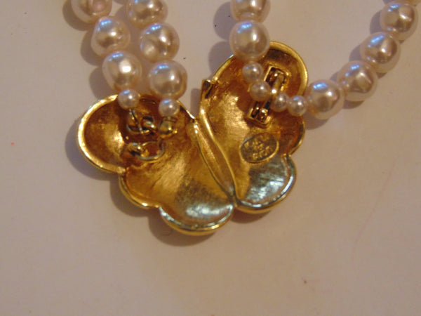 Vintage KJL Butterfly Necklace: Enameled Faux Pearl Crystal Jewelry