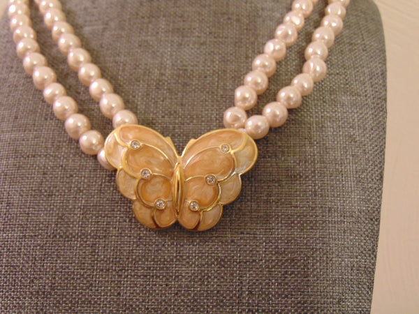 Vintage KJL Butterfly Necklace: Enameled Faux Pearl Crystal Jewelry