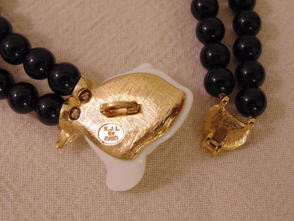 Vintage KJL Black Pearl Necklace: White Crystal Rose, Gold Tone