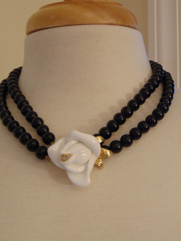 Vintage KJL Black Pearl Necklace: White Crystal Rose, Gold Tone