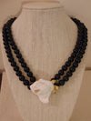 Vintage KJL Black Pearl Necklace: White Crystal Rose, Gold Tone
