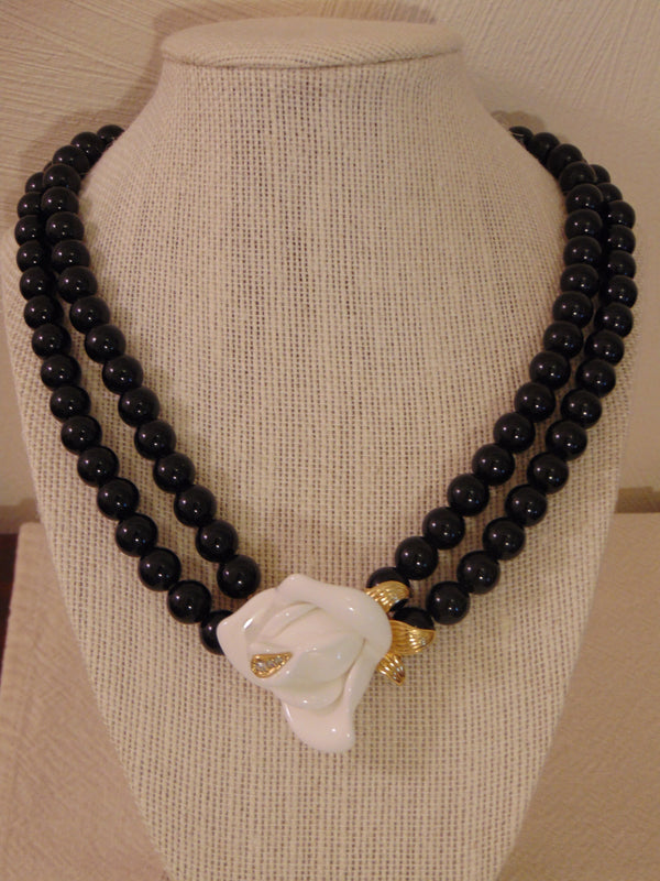 Vintage KJL Black Pearl Necklace: White Crystal Rose, Gold Tone