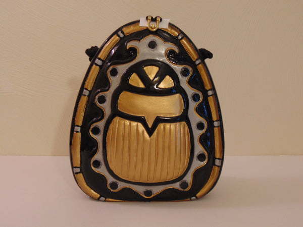 Vintage Timmy Woods Beetle Purse: Black & Gold Wooden Scarab