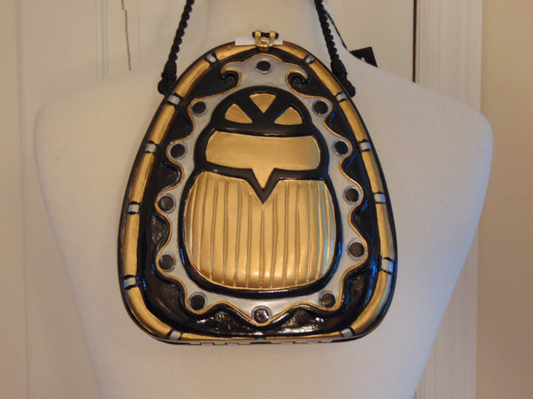 Vintage Timmy Woods Beetle Purse: Black & Gold Wooden Scarab