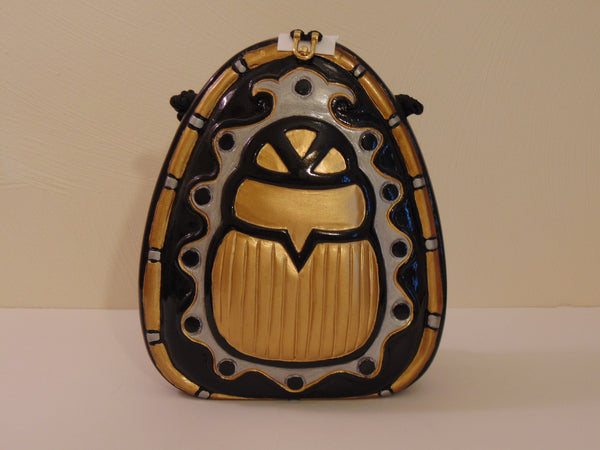 Vintage Timmy Woods Beetle Purse: Black & Gold Wooden Scarab