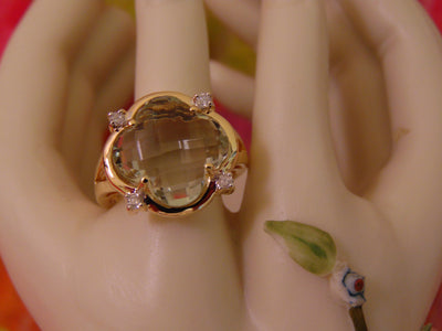 14k Yellow Gold Green Amethyst Diamond Ring - Size 6 3/4
