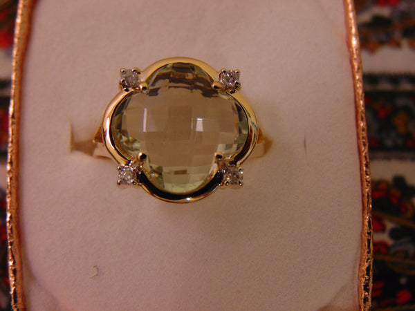 14k Yellow Gold Green Amethyst Diamond Ring - Size 6 3/4