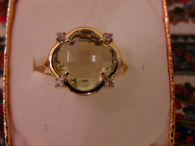 14k Yellow Gold Green Amethyst Diamond Ring - Size 6 3/4