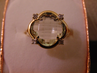 14k Yellow Gold Green Amethyst Diamond Ring - Size 6 3/4