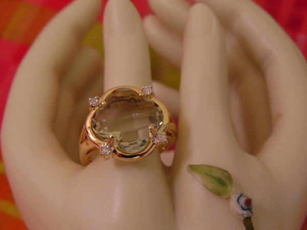 14k Yellow Gold Green Amethyst Diamond Ring - Size 6 3/4