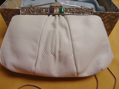 Vintage Judith Leiber Clutch: Jeweled Clasp, White Karung Leather