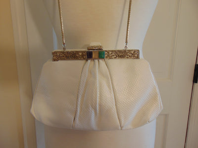 Vintage Judith Leiber Clutch: Jeweled Clasp, White Karung Leather