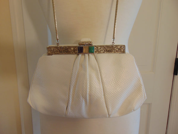 Vintage Judith Leiber Clutch: Jeweled Clasp, White Karung Leather
