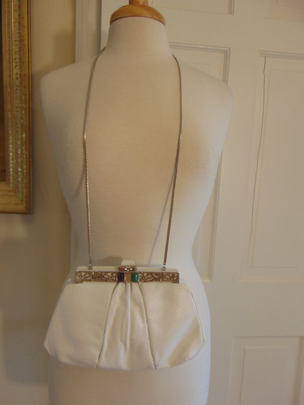Vintage Judith Leiber Clutch: Jeweled Clasp, White Karung Leather