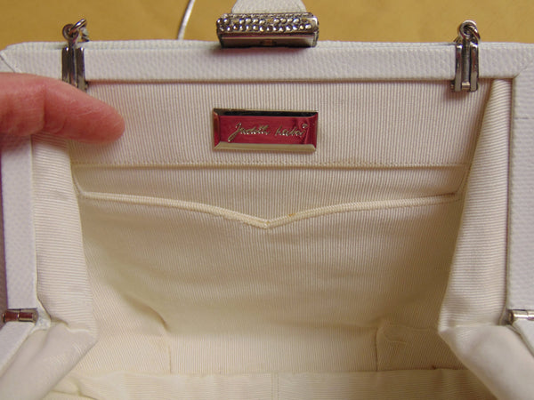Vintage Judith Leiber Clutch: Jeweled Clasp, White Karung Leather