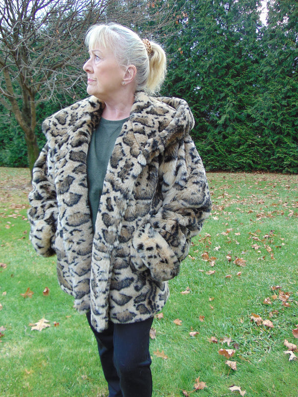 Vintage Faux Fur Hooded Jacket: Animal Print, Size Small