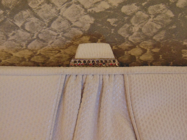 Vintage Judith Leiber Clutch: Jeweled Clasp, White Karung Leather