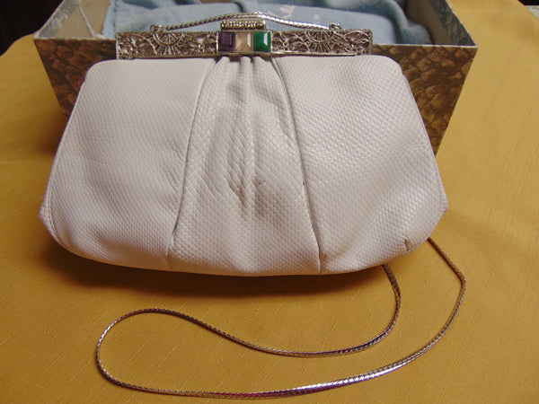 Vintage Judith Leiber Clutch: Jeweled Clasp, White Karung Leather