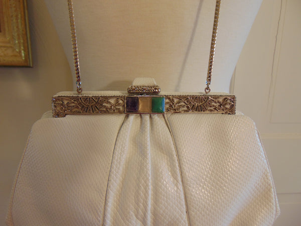 Vintage Judith Leiber Clutch: Jeweled Clasp, White Karung Leather