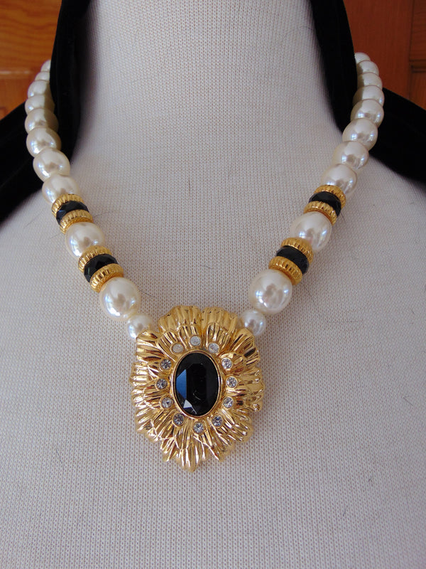 Vintage KJL Faux Pearl Necklace and Clip On Earrings Set
