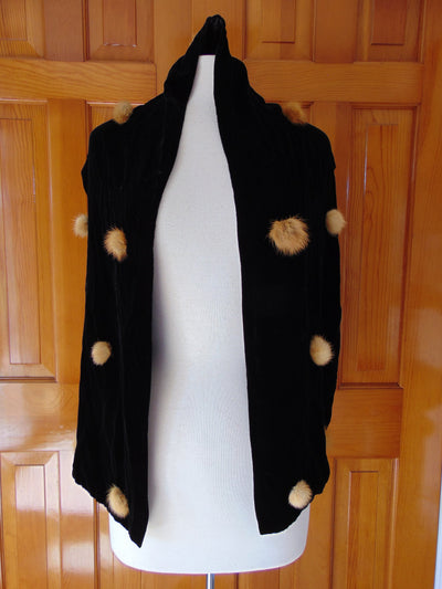 Black Velvet Scarf with Mink Pompoms