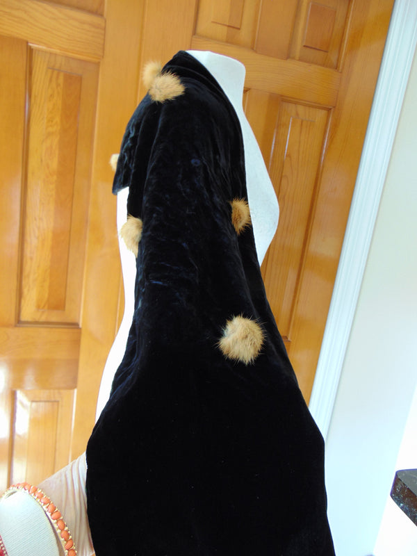 Black Velvet Scarf with Mink Pompoms