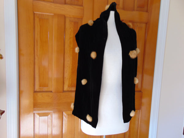 Black Velvet Scarf with Mink Pompoms