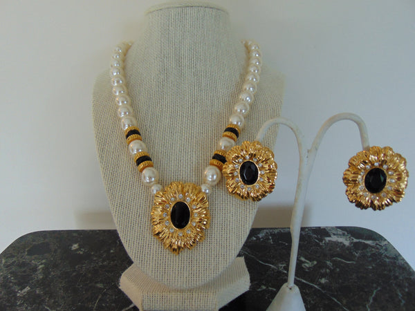Vintage KJL Faux Pearl Necklace and Clip On Earrings Set