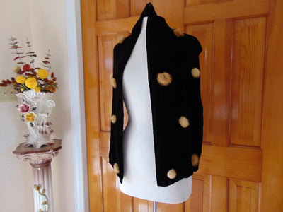 Black Velvet Scarf with Mink Pompoms