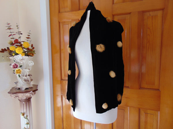 Black Velvet Scarf with Mink Pompoms